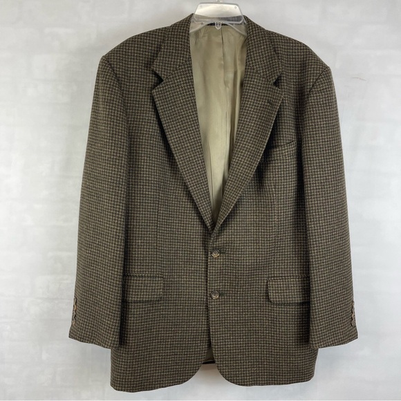 Oscar de la Renta Men’s Wool Houndstooth Blazer‎ Sport Coat Brown 43R Vintage